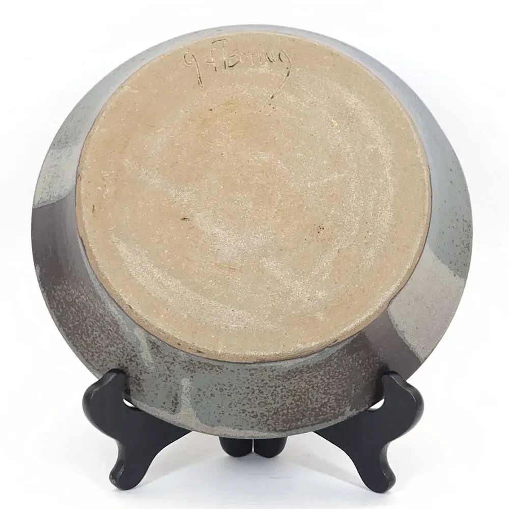 Vtg Studio Art Pottery Serving Bowl Stoneware Blue Gray Earthy Rustic Signed 11